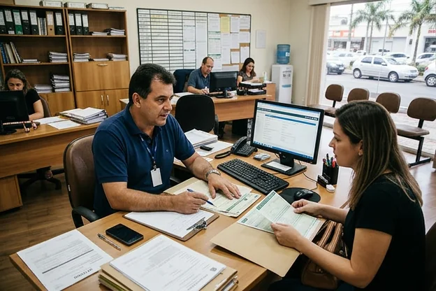 Despachante orientando cliente sobre o licenciamento de veículos em Rio Claro.